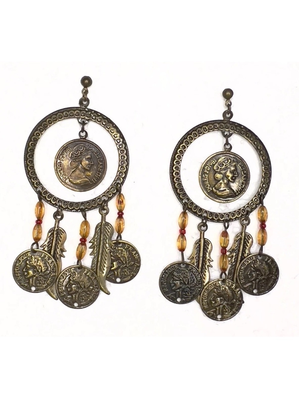 Vintage 80’s Antique Bronze Southwestern Coins Feathers Wind Catcher Earrings